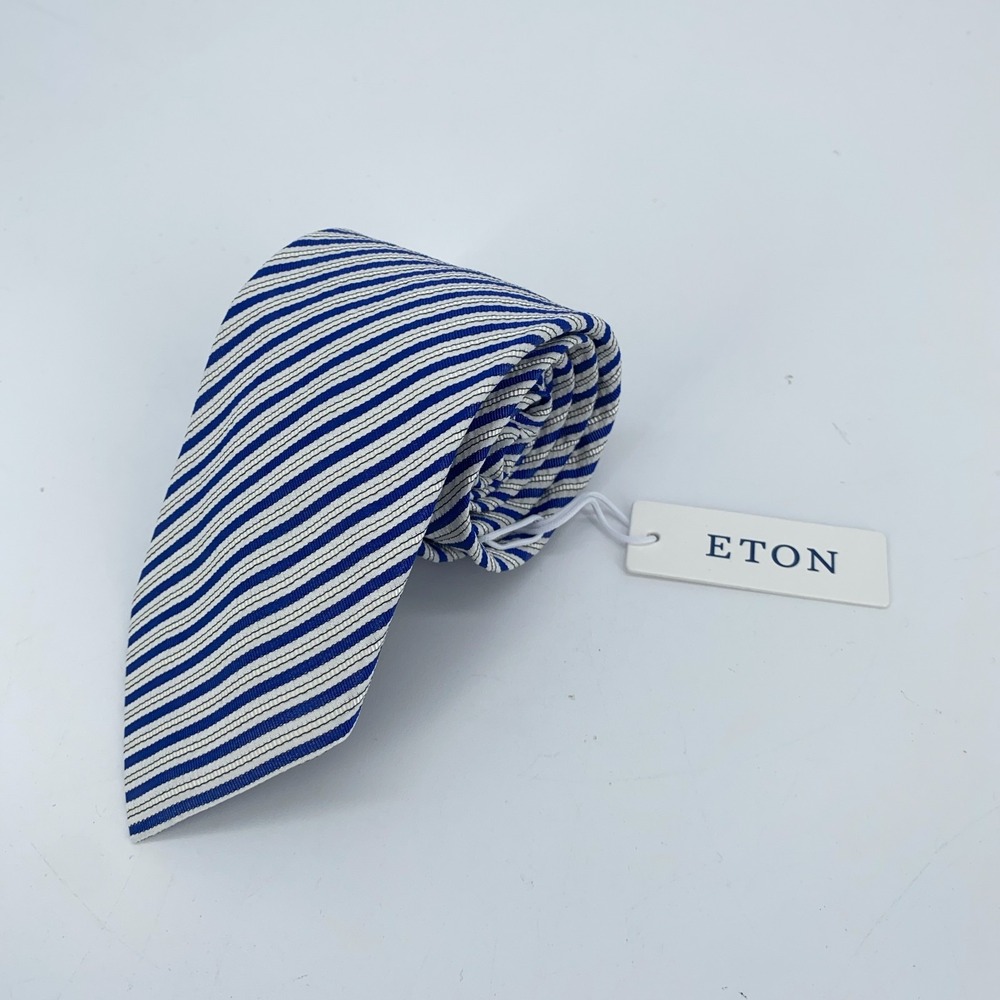 Eton Tie Mens One Size Beige Blue Striped Wool Cashmere Silk Luxury Necktie NWT